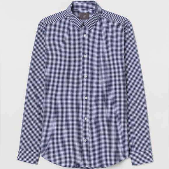 NWT H&M Slim Fit Easy-iron Shirt, Dark-blue checkered (S) - Picture 1 of 3
